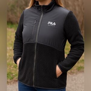 Fila Sport Mixed Media Fleece Jacket Womens Large Black Sherpa Denali Style